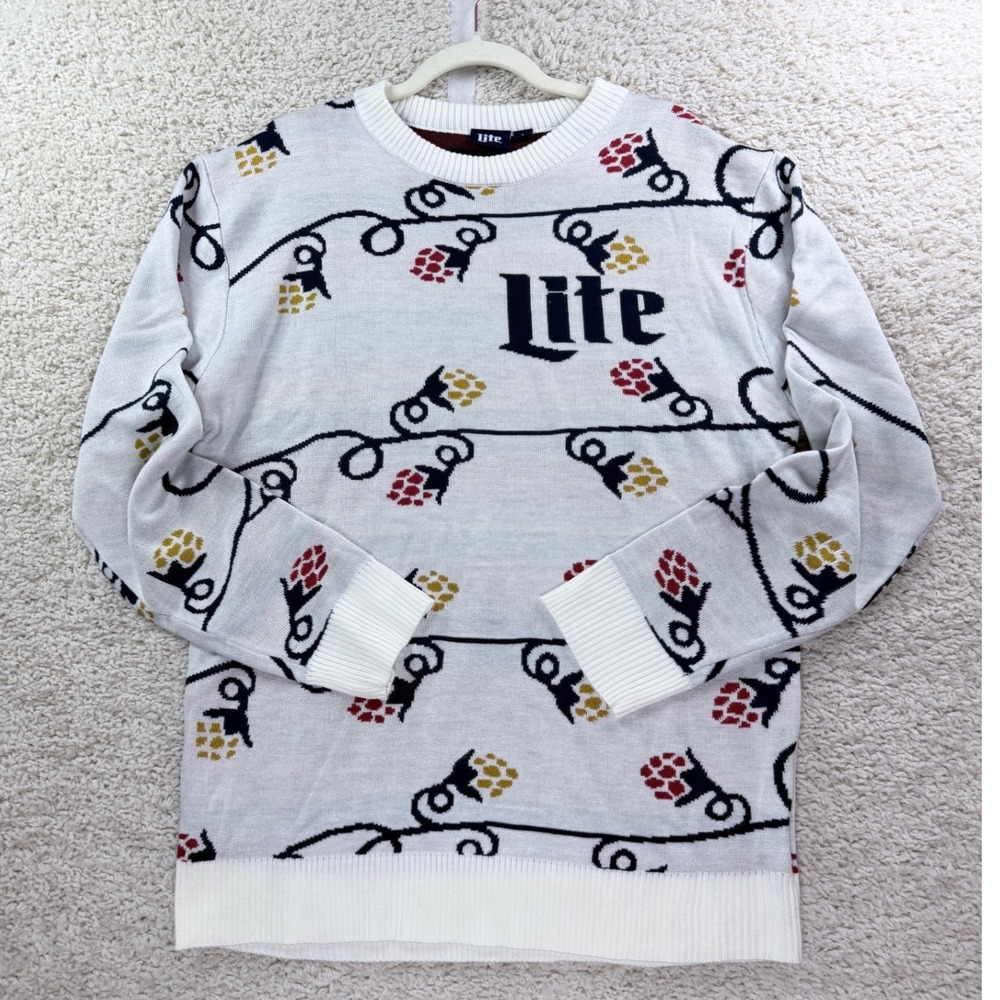 Mens Large Miller Lite Sweater Acrylic White Hops Graphic Beer Brand Crewneck L